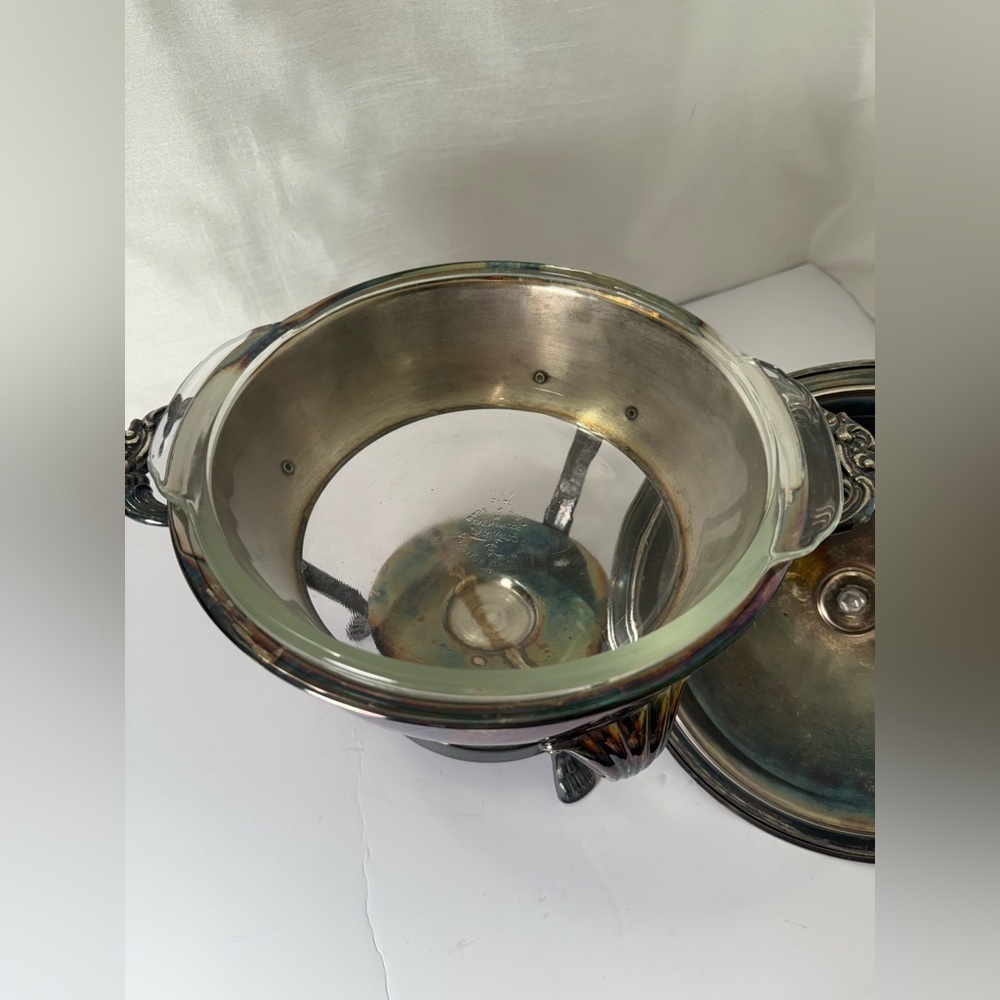 Antique 3 Piece Raimand Silver Plated 3 Footed Chafing Dish W/ Lid, Fire King - Picture 3 of 9